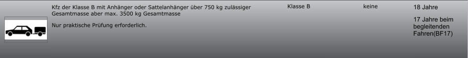 18 Jahre 17 Jahre beim begleitenden Fahren(BF17) keine Klasse B Kfz der Klasse B mit Anhänger oder Sattelanhänger über 750 kg zulässiger Gesamtmasse aber max. 3500 kg Gesamtmasse Nur praktische Prüfung erforderlich.