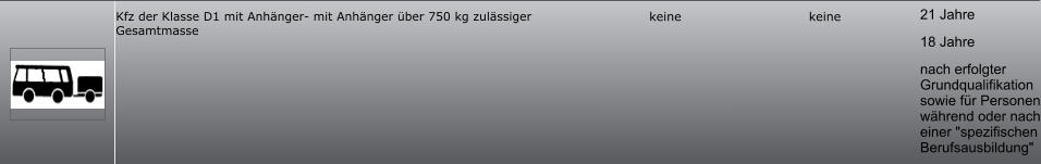 21 Jahre 18 Jahre nach erfolgter Grundqualifikation sowie für Personen während oder nach einer "spezifischen Berufsausbildung" keine keine Kfz der Klasse D1 mit Anhänger- mit Anhänger über 750 kg zulässiger Gesamtmasse