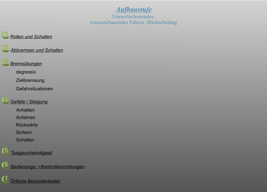 1 2 3 4 5 6 7 Aufbaustufe Umweltschonendes,  vorausschauendes Fahren, Blickschulung Rollen und Schalten Abbremsen und Schalten degressiv Bremsübungen Zielbremsung Gefahrsituationen Gefälle / Steigung Anhalten Anfahren Rückwärts Sichern Schalten Tastgeschwindigkeit Bedienungs- +Kontrolleinrichtungen Örtliche Besonderheiten