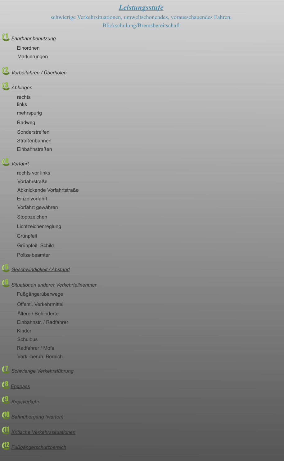 1 2 3 4 5 6 7 8 9 10 11 12 Leistungsstufe schwierige Verkehrsituationen, umweltschonendes, vorausschauendes Fahren,  Blickschulung/Bremsbereitschaft Fahrbahnbenutzung  Markierungen Einordnen Vorbeifahren / Überholen Abbiegen rechts links  Radweg Sonderstreifen Einbahnstraßen mehrspurig Straßenbahnen Vorfahrt rechts vor links Vorfahrstraße Abknickende Vorfahrtstraße Einzelvorfahrt Vorfahrt gewähren Stoppzeichen Lichtzeichenreglung Grünpfeil Grünpfeil- Schild Polizeibeamter Geschwindigkeit / Abstand Situationen anderer Verkehrteilnehmer  Fußgängerüberwege Öffentl. Verkehrmittel Ältere / Behinderte Einbahnstr. / Radfahrer Kinder Schulbus Radfahrer / Mofa Verk.-beruh. Bereich Schwierige Verkehrsführung Engpass Kreisverkehr Bahnübergang (warten)  Kritische Verkehrssituationen  Fußgängerschutzbereich