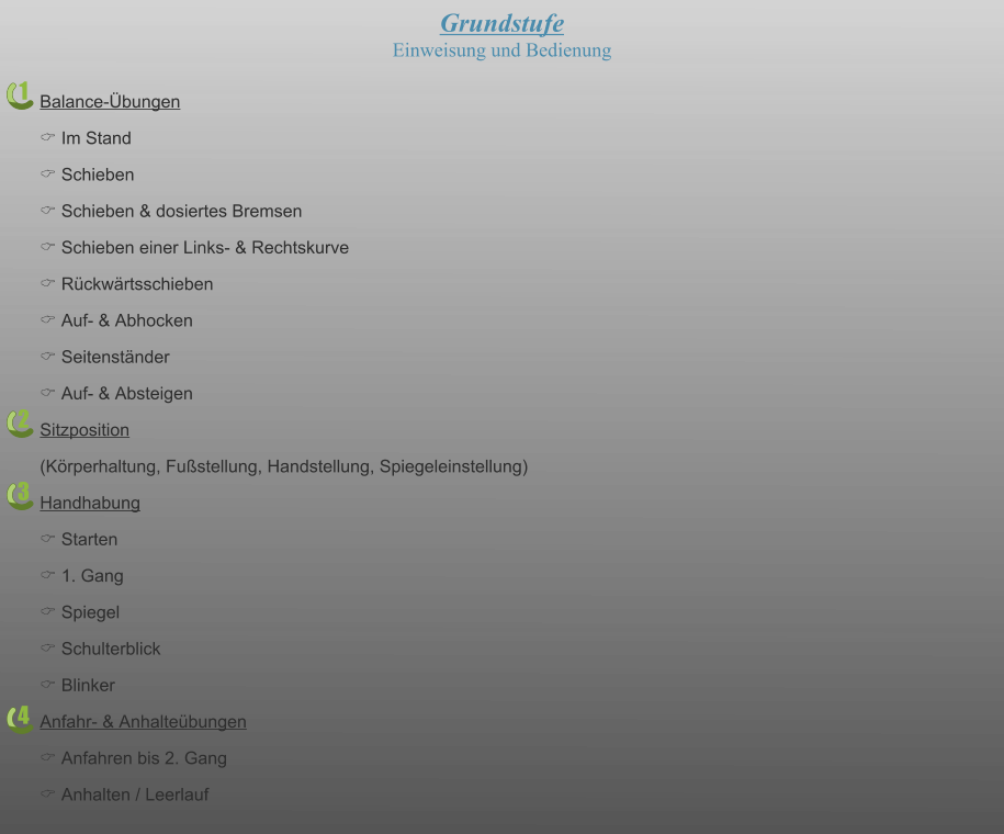 1 2 3 4 Grundstufe Einweisung und Bedienung Balance-Übungen C Im Stand C Schieben C Schieben & dosiertes Bremsen C Schieben einer Links- & Rechtskurve C Rückwärtsschieben C Auf- & Abhocken C Seitenständer C Auf- & Absteigen Sitzposition (Körperhaltung, Fußstellung, Handstellung, Spiegeleinstellung) Handhabung C Starten C 1. Gang C Spiegel C Schulterblick C Blinker Anfahr- & Anhalteübungen C Anfahren bis 2. Gang C Anhalten / Leerlauf